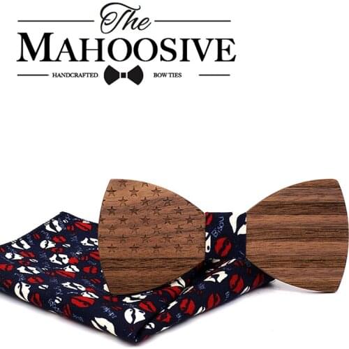 Mahoosive Mens Wood Bowtie handkerchiefs Set Brand Business Wooden Bow Tie Neckties Pocket Square for Wedding Groom