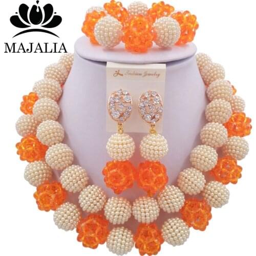 Majalia Fashion Nigeria Wedding African Jewelry Set Champagne and Orange Crystal Plastic Pearl Necklace Bride Jewelry Set 2CY033