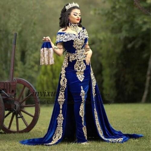 Moroccan Caftan Evening Dress Gold Appliques Lace Cap Sleeve Royal Blue Mermaid Velvet Arabic Prom Gowns Party Dress Custom Made