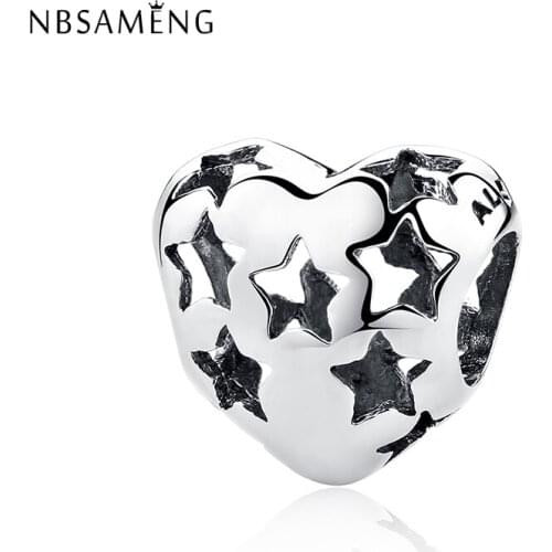 New 100% 925 Sterling Silver Bead Charm Hollow Stars In Heart Love Charms Beads Fit Bracelet Bangle DIY Women Jewelry