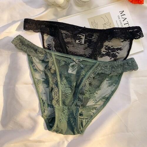 CHAOZHU New Retro Lace Embroidery Underwear Ruffled Transparent Low-rise Hollow Out Sexy Lingerie French Sensual Woman Panties