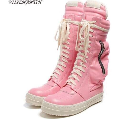 Autumn/winter New Style Pink Big Pocket Zipper Decoration Cross-lace Tooling Boots Wallet Middle Boots for Men and Women