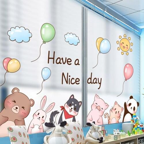 Cartoon Creative Animals Wall Stickers for Kids Room Bedroom Decor Kindergarten Glass Window Door Decals Balloon Mural