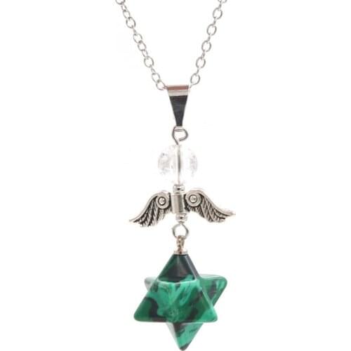 YJXP Ethnic Merkaba Necklaces Silver Plated Angel Wing Malachite Stone Pendant Necklace Charms Women Men Jewelry