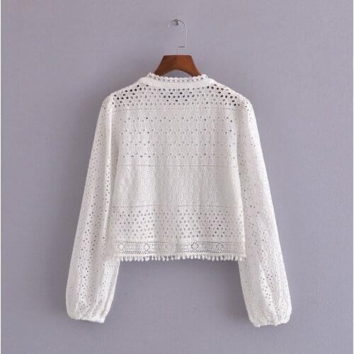 Summer Women T-Shirts Sexy Hollow Out Long Sleeve Slim Casual OL Style Fashion Elegant Embroidery White Female Blouse C2652