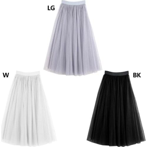 Womens Adult Ice Silk Lining Three Layer Tulle Skirt Solid Color Pleated Princess Maxi A-Line Overlay Flare Bouffant Puffy