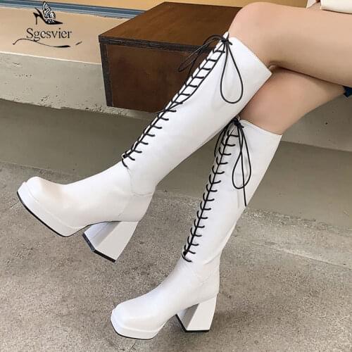 Sgesvier 2021 Black White Brown Women Knee High Boots Platform Thick High Heel Ladies Lace Up Boots Square Toe Womens Boots