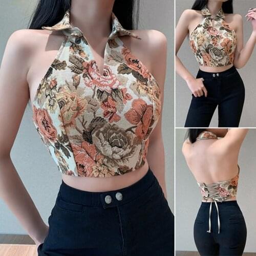 WomenS Printed One-Shoulder Tibia Halter-Neck Solid Color Sleeveless Slim-Fit Small Vest Apricot