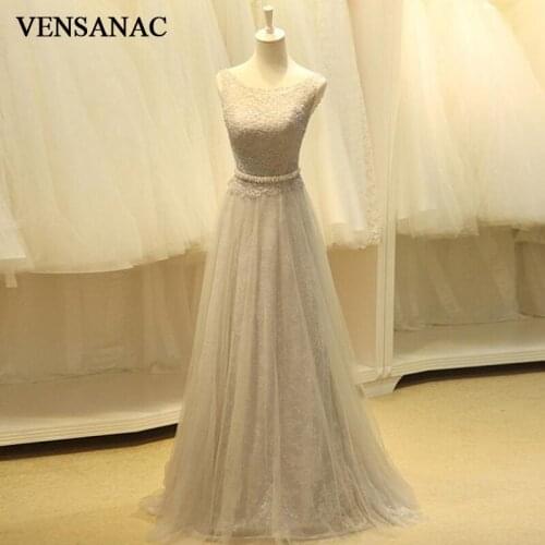 VENSANAC 2018 A Line Sequined O Neck Crystal Sash Long Evening Dresses Elegant Party Lace Embroidery Prom Gowns