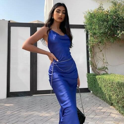 Winter Party Clothes Elegant Dinner Dress Women Satin Silk Women Strap Side Slit 2021 Autumn Backless Sexy Streetwear Midi Dress