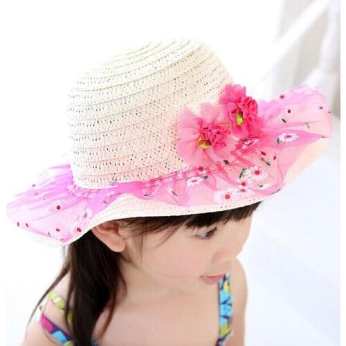 1 Pcs 2016 New Summer Children Sun Hat Lace 2 Flower Girl Straw Hat Fashion Beach Cap 5 Colors Wholesale and retail