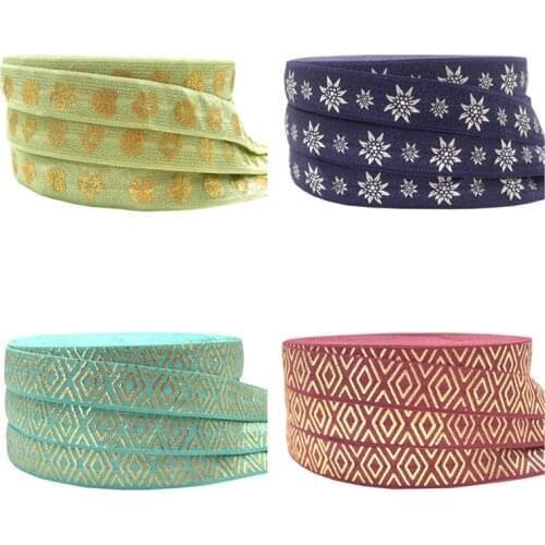 10 Yards 15mm gold foil aztec flower print Fold over elastic Stretchy band DIY girls hair ties headband accessories