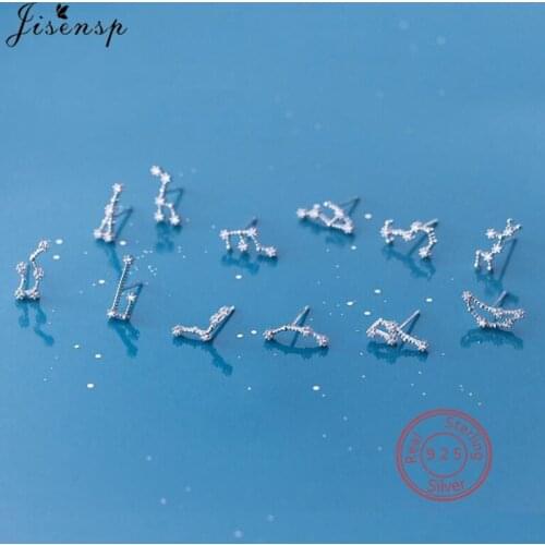 100% 925 Sterling Silver Jewelry Zirconia 12 Constellation Stud Earrings for Women Girls Star Zodiac Crystal Kids Birthday Gift