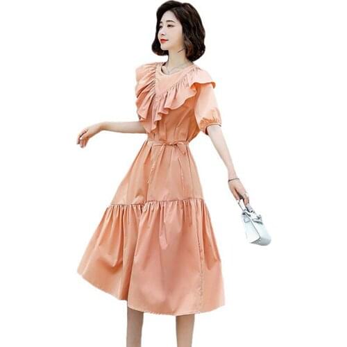 2021 Summer New Womens Dresses Fashion Wild Elegant Office Lady Dress Ruffled V-Neck Short-Sleeved Vintage Summer Female Dress