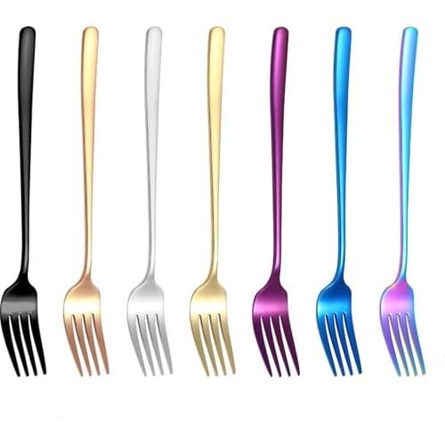 7PCS Stainless Steel Forks High Quality Long Handle Korean Dinner Fork 7 Colors Salad Fork Dinnerware Set Kitchen Accessories