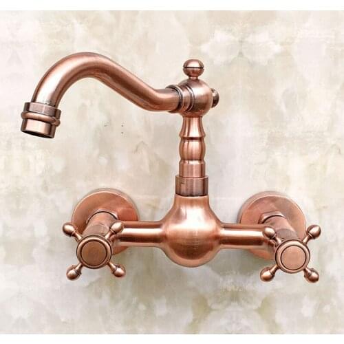Antique Red Copper Brass Wall Mounted Dual Cross Handles Kitchen Sink Faucet Bathroom Basin Mixer Water Taps Swivel Spout mrg030