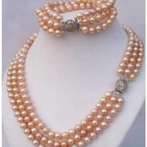 Free Shipping beautiful fashion 2015 new fashion 3 Rows 8mm Pink Shell Pearl Necklace Bracelet set