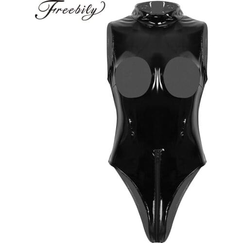 Sexy Wetlook Patent Leather Bodysuit Women High Neck Sleeveless Open Cups Double Zipper Erotic Leotard Costumes Latex Bodysuit