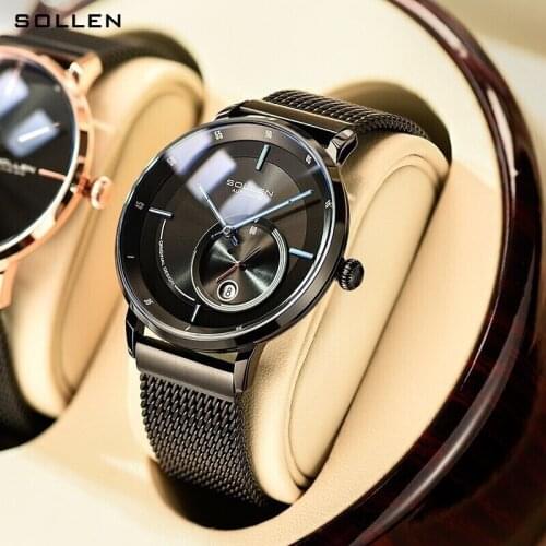 SOLLEN Classic Black Super Thin Case Clock Mesh Band Design Waterproof Mens Automatic Mechanical Watches Top Luxury Men Watch