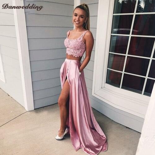 Elegant Sexy Two Pieces Set A-Line Evening Dresses Scoop-Neck Front Split Prom Dresses Lace Applique Court Train Girl Party Gown