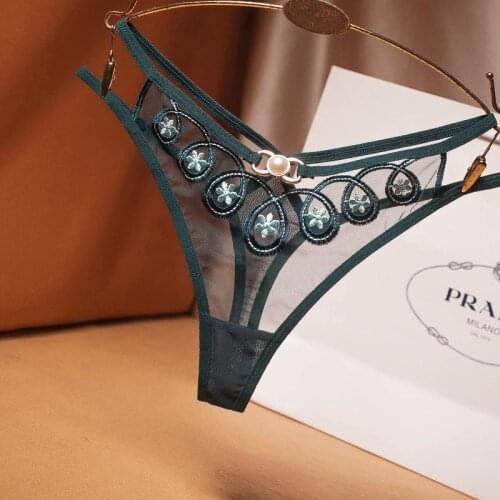 European USA Sexy Thong Womens Mesh Embroidery Beads Transparent Under Panties Cross Low Waist Hot One Line G-Strings