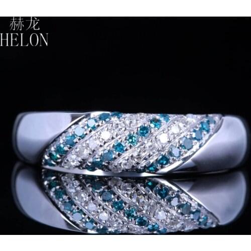 HELON Diamond Engagement Ring Solid 10K White Gold 100% Genuine Natural Diamonds & Blue Diamonds Anniversary Fine Jewelry Ring