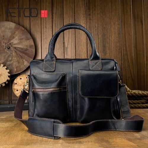 AETOO Leather handbag, mens casual leather shoulder bag, large capacity mens travel bag
