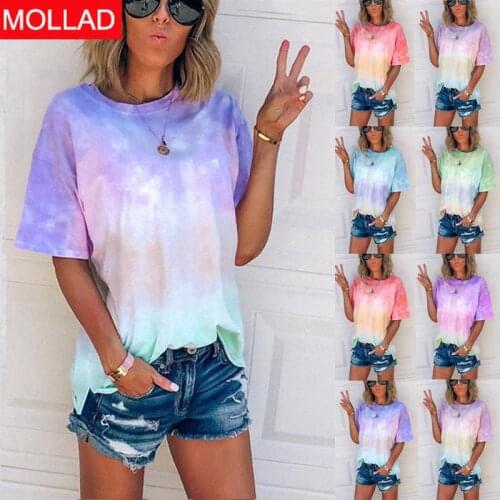 Summer New Tie-Dye Gradient Printed Loose T-shirt Summer Womens Tops Tshirt Round Neck T shirts For Women