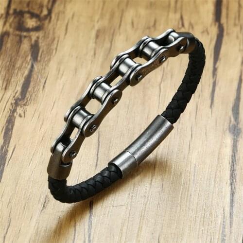 Mingao Man Bracelet Stainless Steel Bicycle Chain Leather Bracelet European and American Style Retro Black Men Braclet Friends