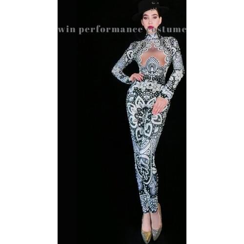 Fashion Gray Silver Rhinestones Jumpsuit long Sleeves Stretch Sexy Bodysuit Stage Performance Party Celebrate Nightlcub outfit