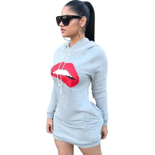 Fashion Womens derss gray spring Casual Slim Long Sleeve Sweater Round O-Neck Short Dress Lips Print Classic women Dress S-XL