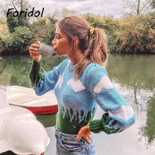 Foridol mohair vintage blue cloud sweater pullovers women lantern sleeve oversized cropped jumper 2020 short casual pull femme