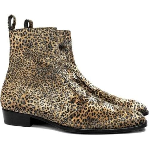 Leopard Genuine Leather FR.LANCELOT Men Ankle Boots Side Zipper Chelsea Boots Party Wedding Men Shoes Trainers