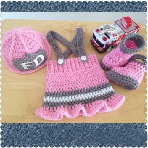 Newborn firefighters hat,firefighters baby girl hat,boots with Short skirt 3pcs baby Set newborn crochet Photo props 0-1m,3-4m