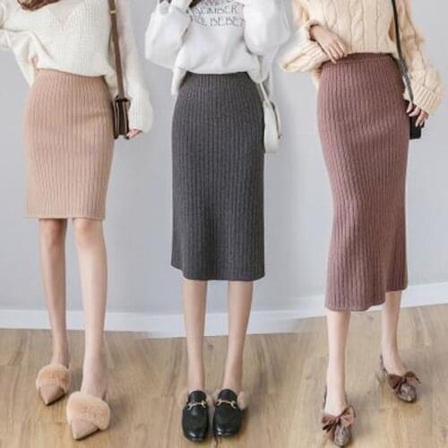 Autumn Winter All-match Skirt Knitted Skirts Mid-Calf & Knee-Length Office Skirt Warm Knitted Black Pencil Skirts