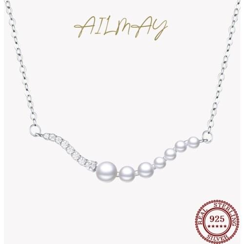Ailmay Top Quality 925 Sterling Silver Fashionc Wave Shape Pearl Pendant Necklace For Women Elegant Wedding Engagement Jewelry