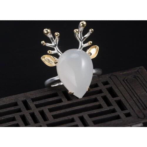 S925 Sterling silver Adjustable Rings Deer White chalcedony garnet Lovers Couples Rings For Women Men Engagement Wedding Jewelry