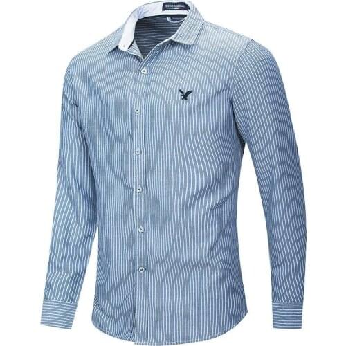 New Fashion Small Striped Shirt Men Casual Brand Long Sleeve Shirts Male 100% Cotton Embroidery Shirts