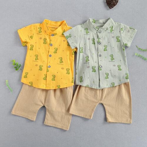 FOCUSNORM 2021 Summer Baby Boys Clothes Sets Cartoon Dinosaur Printed Turn-Down Collar Shirts Solid Shorts 2pcs