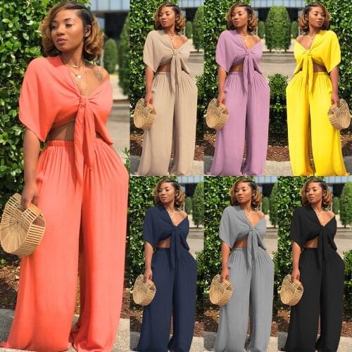 Sexy European and American bandage deep V wide-leg pants two-piece nightclub suit plus size long retro women summer pant