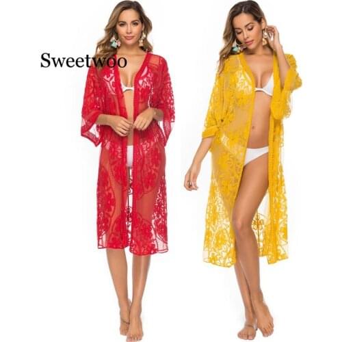 Sexy Lace Cardigan Pareo Beach Cover Up Bikini Swimsuit Bathing Suit Cover Ups Robe De Plage Beach Dress Tunic kaftan Swimwear