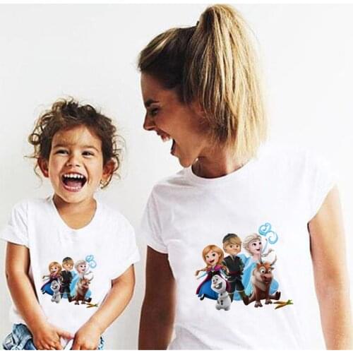 Family Matching T Shirts Summer Short Sleeve Disney Princess Printed Cute Kawaii Kids Girls Tshirt Mommy And Me Family Outfits
