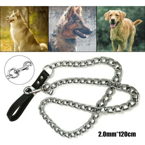 Heavy Duty Metal Chain Dog Lead With Leather Handle Long Strong Control Leash Outdoor Pet Traction Rope Anti Bite Chain