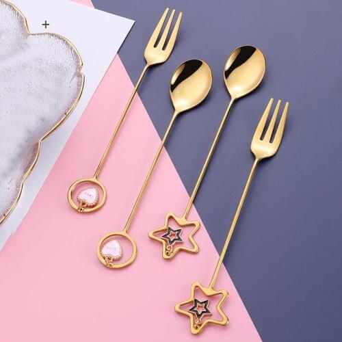 Stainless Steel Coffee Spoon Fork Creative Love Star Pendant Housewares Kitchen Golden Spoons Coffee Desserts Tools Wedding Gift