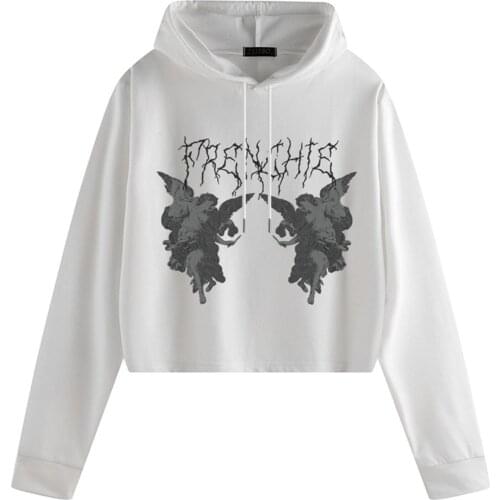 Y2K Women Casual Hooded Sweatshirt Angel Print Long Sleeve Pullover with Drawstring 2021 New Hip Hop Streetwear Loose Crop Coat
