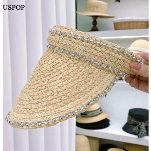 USPOP 2021 New Summer Sun Hats Women Diamond Raffia Straw Beach Hats