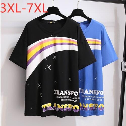 New 2021 Ladies Summer Plus Size Tops For Women Large Short Sleeve Loose Cotton Rainbow Print O-neck T-shirt 3XL 4XL 5XL 6XL 7XL