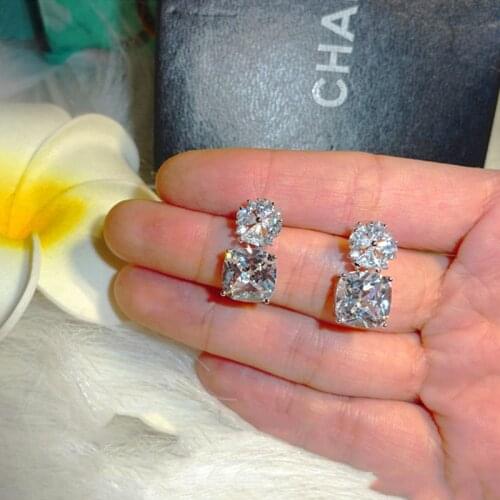 Big Bling Zircon Stone Earrings 925 Silver Square Cute Crystal Cross Stud Earring for Women Fashion Wedding Statement Jewelry