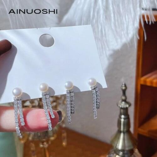 AINUOSHI S925 Sterling Silver Natural Pearl Tassel Earrings for Women 2021 New Fashion Party Wedding Drop Earrings Jewelry Gifts