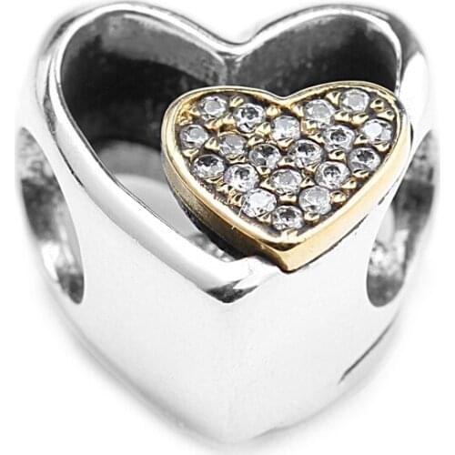 Romantic 925 Sterling Silver Heart Joined Together Clear CZ Charms Fit Women Girls Bracelet Necklace Jewelry